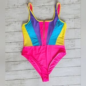 Retro Style Colorblock Neon Zip up One Piece Swimsuit Cheeky 90's Inspired
